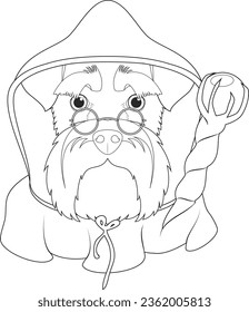 Halloween greeting card for coloring. Schnauzer dog dressed as a wizard with hood and magic wand