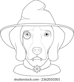 Halloween greeting card for coloring. Weimaraner dog dressed as a vampire with fangs, monocle, cape and hat