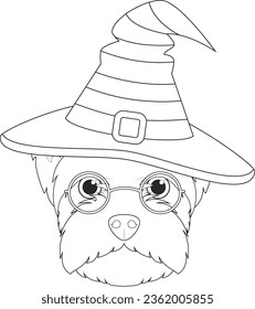 Halloween greeting card for coloring. West Highland White Terrier dog dressed as a witch with glasses and hat