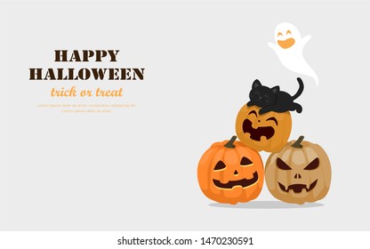 Halloween greeting card concept. Cute pumpkins spooky scary smile and black cat. Flat design vector illustration.