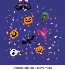Halloween greeting card concept. Flying paper confetti and holiday accessories