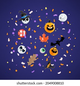 Halloween greeting card concept. Flying paper confetti and holiday accessories