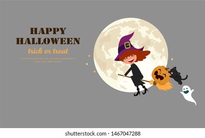 Halloween greeting card concept. Happy little witch and her friends flying over the moon. Flat design vector illustration.