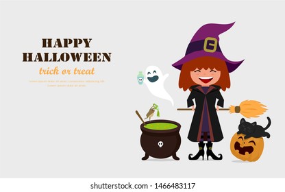 Halloween greeting card concept. Little witch girl with Jack O' Lantern, cute ghost, black cat, frog and her witch pot.