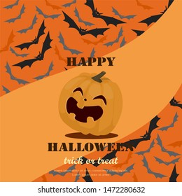 Halloween greeting card concept. Pumpkin spooky scary smile with many bats flying on background. Flat design vector illustration.