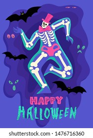 Halloween greeting card, costume party. Trendy dancing skeleton with lettering. Hand drawn vector character