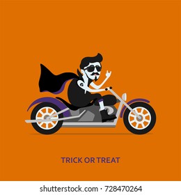 Halloween greeting card. count Dracula rides on the motorcycle.  Vector illustration