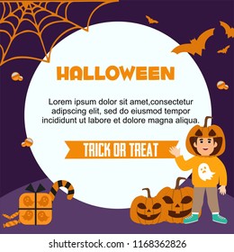 Halloween greeting card. Creative frame with evil pumpkin, ghosts and traditional Halloween elements. Template for Halloween party.