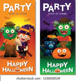 Halloween greeting card. Creative frame with full moon, evil pumpkin,mummy, ghosts and  frankenstein Halloween elements. Template for Halloween party.
