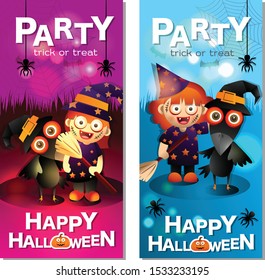 Halloween greeting card. Creative frame with full moon, crow, mummy, ghosts and traditional Halloween elements. Template for Halloween party.