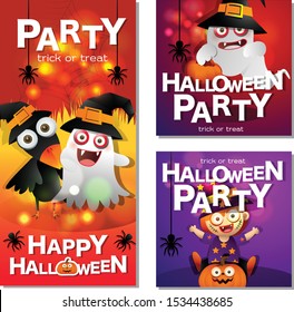 Halloween greeting card. Creative frame with full moon, crow, ghosts and traditional Halloween elements. Template for Halloween party.