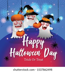 Halloween greeting card. Creative frame with full moon, crow and ghosts Halloween elements. Template for Halloween party. Illustration design for greeting card, poster or print.