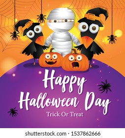 Halloween greeting card. Creative frame with full moon, crow, mummy, ghosts and traditional Halloween elements. Template for Halloween party. Illustration design for greeting card, poster or print.