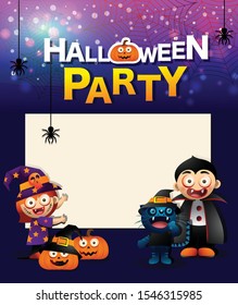 Halloween greeting card. Creative frame with full moon, crow, mummy, ghosts and traditional Halloween elements. Template for Halloween party.