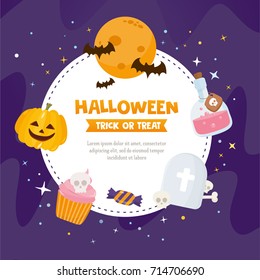 Halloween greeting card. Creative frame with full moon, grave, poison and evil pumpkin. Template for Halloween party.