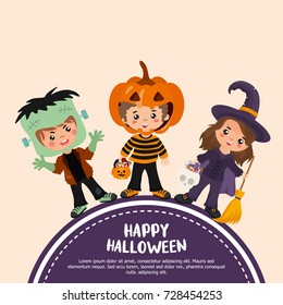 Halloween greeting card. Creative frame with kids in a Halloween costumes - Frankenstein, Witch, Pumpkin. Template for Halloween party.