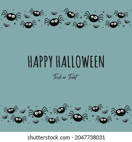 Halloween greeting card with creepy hanging spiders. Vector