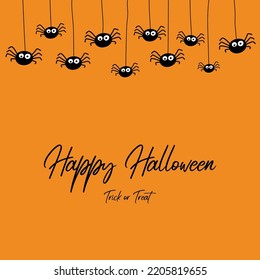 Halloween greeting card with creepy hanging spiders. Vector