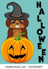Halloween greeting card with cute beaver. Cartoon style. Vector illustration