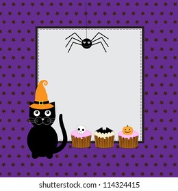 Halloween greeting card with cute black cat