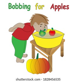 Halloween greeting card. Cute boy is playing traditional Halloween game - bobbing for apples.