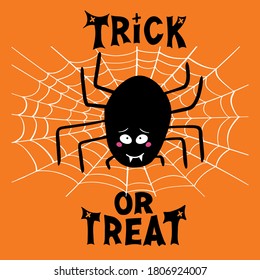 Halloween greeting card. Cute cartoon black spider with guilty look, white cobweb and trick or treat lettering on orange background. Vector stock illustration.