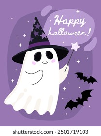 Halloween greeting card. Cute cartoon ghost, spirit.  Ghost in a black witch hat, bats, purple background. Happy halloween! Happy little ghost. Magic.