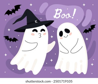 Tarjeta de felicitación de Halloween. Lindos fantasmas de dibujos animados, espíritus. Linda pareja de fantasmas, fantasma en un sombrero de bruja negro y fantasma sonriente avergonzado. ¡Boo!