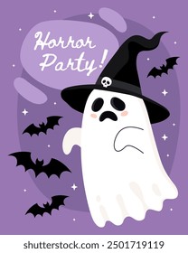 Halloween greeting card. Cute cartoon ghost, spirit.  Ghost in a black witch hat, bats, purple background. Horro party. Spooky little ghost.