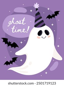 Halloween greeting card. Cute cartoon ghost, spirit.  Ghost in a festive hat, bats, purple background. Ghost time! Happy little ghost.