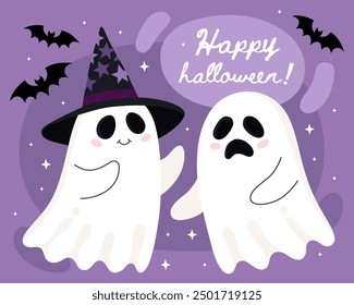 Halloween greeting card. Cute cartoon little ghosst, spirits. Cute ghost couple, smiling ghost in a black witch hat and sad ghost. Happy halloween!