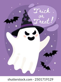 Halloween greeting card. Cute cartoon ghost, spirit.  Ghost in a black witch hat, bats, purple background. Trick or treat. Happy little ghost.