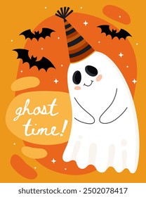 Halloween greeting card. Cute cartoon ghost, spirit. Ghost in a festive hat, bats, orange background. Ghost time! Embarrassed little ghost.	