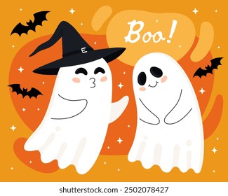 Tarjeta de felicitación de Halloween. Pequeños fantasmas lindos de la historieta, espíritus. Linda pareja de fantasmas, fantasma en un sombrero de bruja negro y fantasma sonriente avergonzado. ¡Boo! Fondo anaranjado.