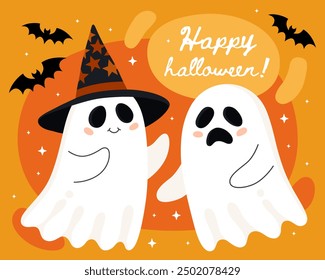 Tarjeta de felicitación de Halloween. Pequeños fantasmas lindos de la historieta, espíritus. Linda pareja de fantasmas, fantasma sonriente en un sombrero de bruja negro y fantasma triste. ¡Feliz Halloween! Fondo anaranjado.