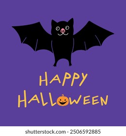 Halloween greeting card with cute cartoon bat. Vector illustration