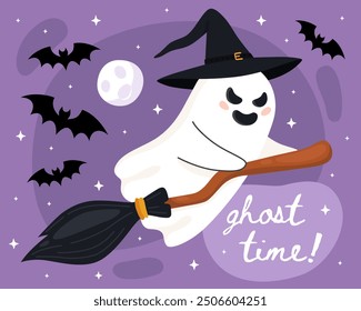 Halloween greeting card. Cute cartoon little ghost, spirit. Ghost in a witch's hat flies on a witch's broom. Ghost time! Purple background. Bats, full moon.