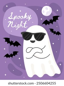 Tarjeta de felicitación de Halloween. Lindo fantasma de dibujos animados, espíritu. Fantasma en gafas de sol, murciélagos, fondo púrpura. Noche espeluznante. Murciélagos.