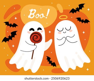 Halloween greeting card. Cute cartoon little ghosts, spirits. Cute ghost couple, cute ghosts with candy and angel ghost, bats, full moon. Boo! Orange background.