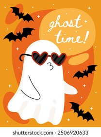 Halloween greeting card. Cute cartoon ghost, spirit.  Enamored little ghost wearing heart-shaped sunglasses. Orange background, bats. Ghost time!
