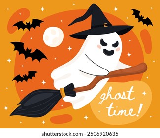 Halloween greeting card. Cute cartoon little ghost, spirit. Ghost in a witch's hat flies on a witch's broom. Ghost time! Orange background. Bats, full moon.