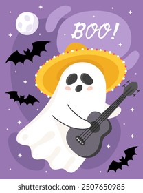 Halloween greeting card. Cute cartoon ghost, spirit.  Boo! Cute little ghost in a Mexican sombrero plays the ukulele. Day of the dead.