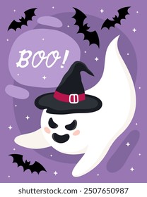 Halloween greeting card. Cute cartoon ghost, spirit. Ghost in a black witch hat, bats, purple background. Boo! Happy little ghost.	