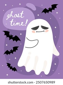 Halloween greeting card. Cute cartoon ghost, spirit.  Ghost time!  Bats, purple background. Confused and sleepy little ghost.