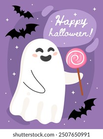 Halloween greeting card. Cute cartoon ghost, spirit.  Happy halloween! Cute little ghost with pink candy. Bats, purple background.