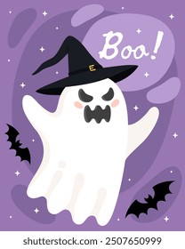 Halloween greeting card. Cute cartoon ghost, spirit. Ghost in a black witch hat, bats, purple background. Boo! Frightening little ghost.	