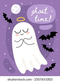Halloween greeting card. Cute cartoon ghost, spirit.  Ghost time! Cute little ghost looks like an angel. Bats,  moon, purple background.