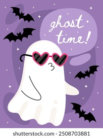 Halloween greeting card. Cute cartoon ghost, spirit. Enamored little ghost wearing heart-shaped sunglasses. Purple background, bats. Ghost time!