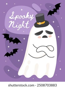 Halloween greeting card. Cute cartoon ghost, spirit. Serious ghost in a bowler hat, gentleman. Purple background, bats. Spooky night.