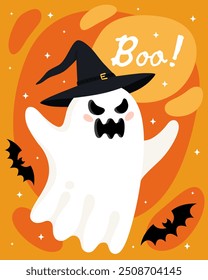 Halloween greeting card. Cute cartoon ghost, spirit. Ghost in a black witch hat, bats, orange background. Boo! Frightening little ghost.